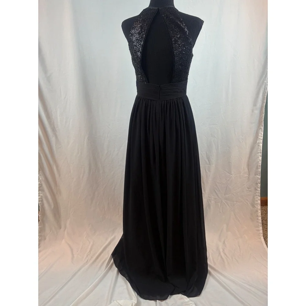 Black Sequin Halter Neck Maxi Dress Open Back Ruched Waist Formal Evening Gown - Picture 12 of 16